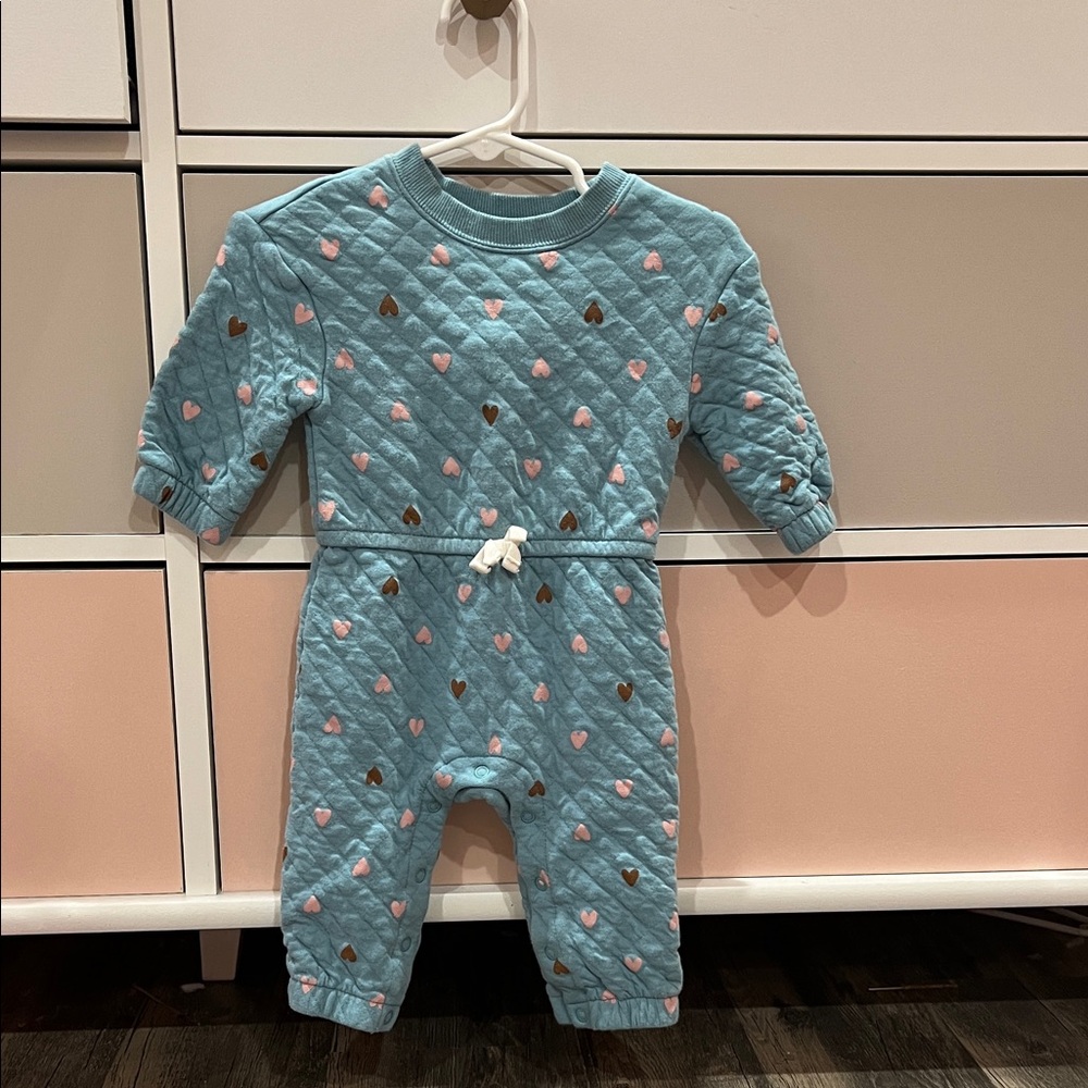 Carter's Quilted Light Blue One-Piece with Pink & Brown Hearts